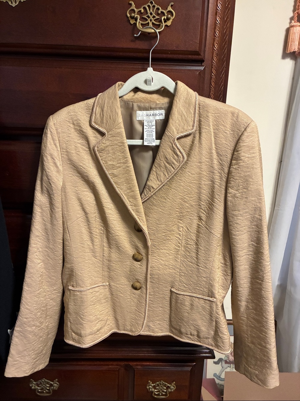 Vtg 90s Sag Harbor Shimmery Gold Beige Crinkle Blazer Jacket Lined Size 12